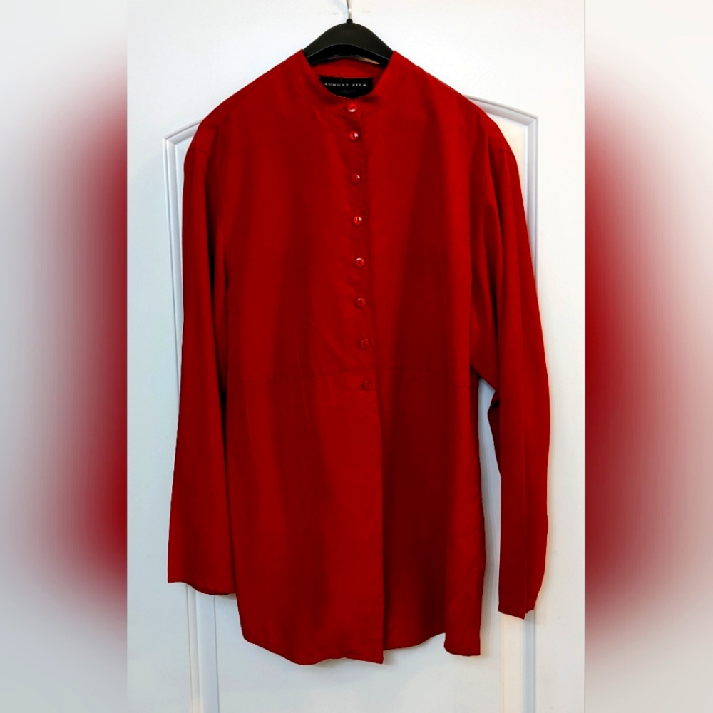 August Silk Red Oriental inspired button down 100% silk blouse size medium